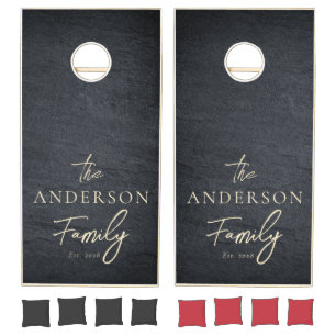 Dark Granite Stone Hand Written Family Name Cornhole Set