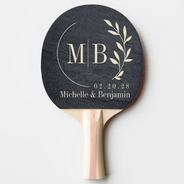 Dark Granite Stone Leaf Wedding Monogram Ping Pong Paddle (Back)