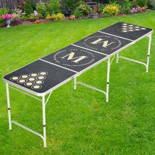 Dark Granite Stone Modern Circle Monogram Beer Pong Table