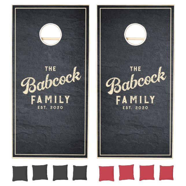 Dark Granite Stone Retro Family Name & Year Cornhole Set (Set)