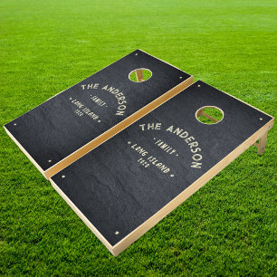 Dark Granite Stone Vintage Seaside Family Name Cornhole Set