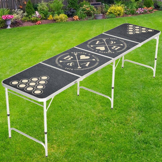 Dark Granite Stone Wedding Heart Crossing Initial Beer Pong Table (Creator Uploaded)