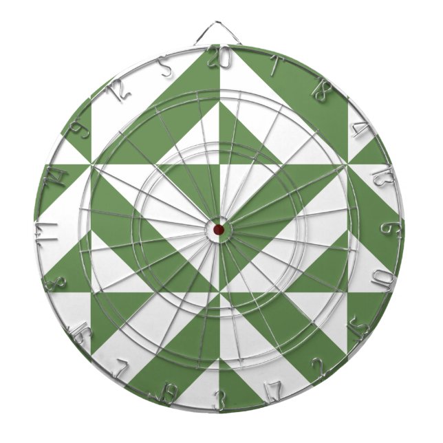 Dark Grass Green Geometric Deco Cube Pattern Dartboard With Darts (Front)