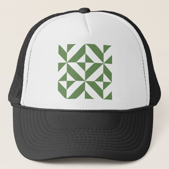 Dark Grass Green Geometric Deco Cube Pattern Trucker Hat (Front)