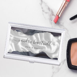 Dark Gray Agate Silver Glitter Luxury Business Card Case