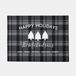 Dark Gray and Black Plaid with Monogram Name Doormat