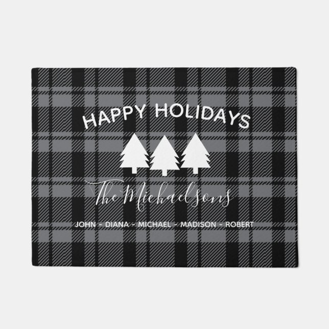 Dark Gray and Black Plaid with Monogram Name Doormat (Front)