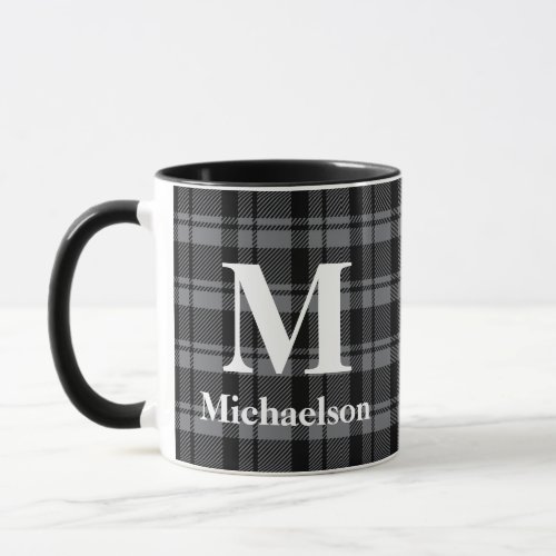 Dark Gray and Black Plaid with Monogram Name  Mug