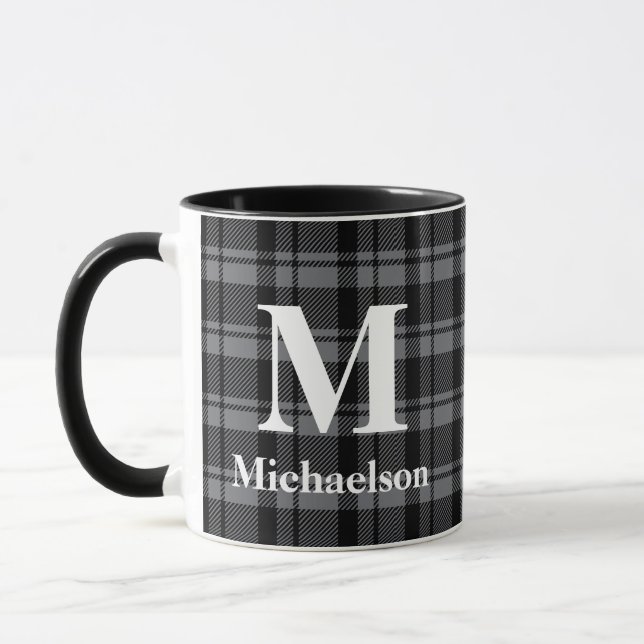 Dark Gray and Black Plaid with Monogram Name  Mug (Left)