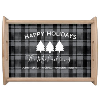 Dark Gray and Black Plaid with Monogram Name Serving Tray