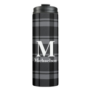 Dark Gray and Black Plaid with Monogram Name  Thermal Tumbler