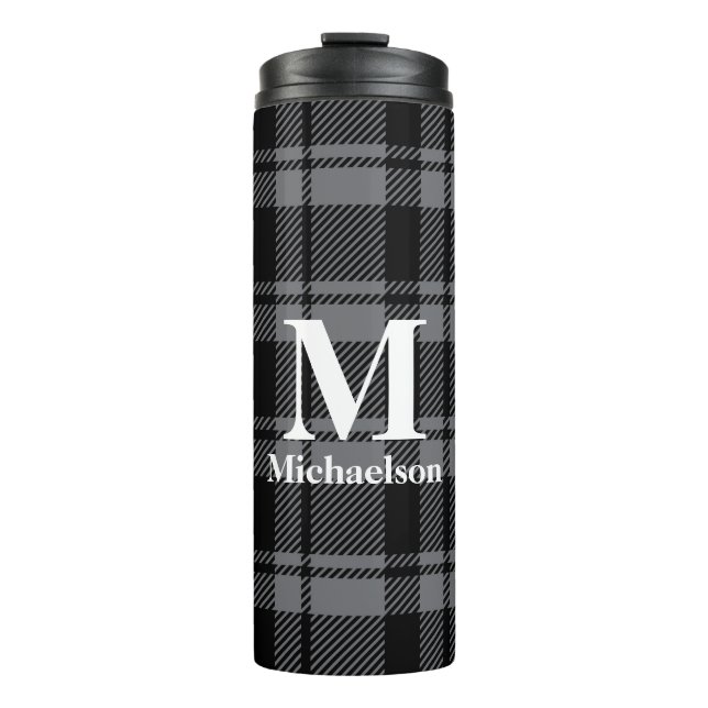 Dark Gray and Black Plaid with Monogram Name  Thermal Tumbler (Front)
