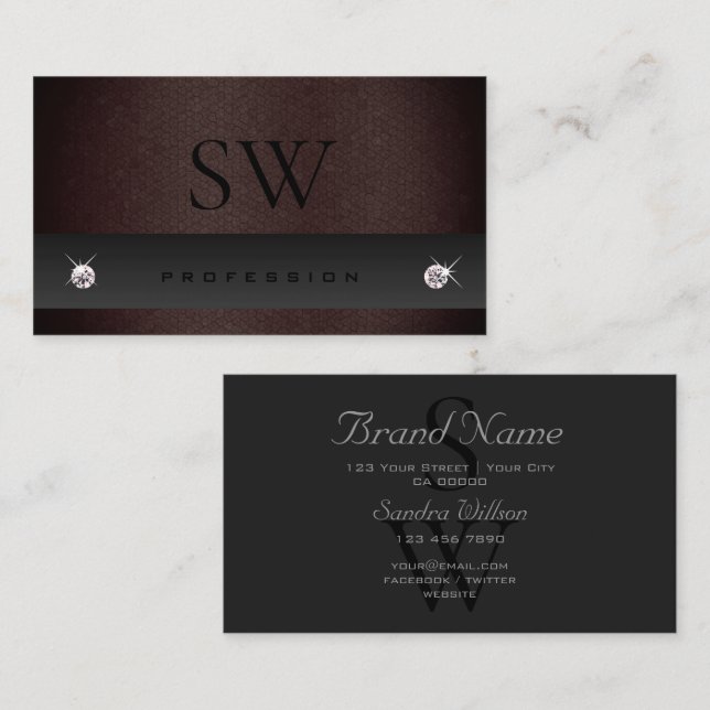 Dark Gray and Burgundy Snake Pattern with Monogram Business Card (Front/Back)