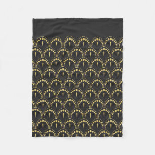 Dark-gray and gold art-deco geometric pattern fleece blanket