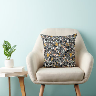 Dark Gray and Mustard Terrazzo Speckled Stone Throw Pillow