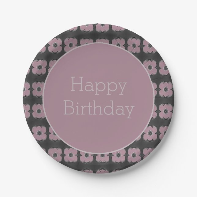 Dark Gray And Plum Floral Paper Plates (Front)