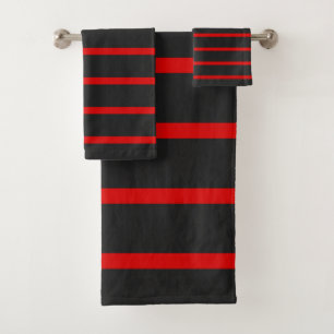 Dark Gray and Red Stripes Bath Towel Set