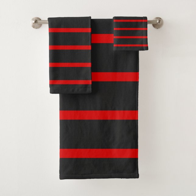 Dark Gray and Red Stripes Bath Towel Set (Insitu)
