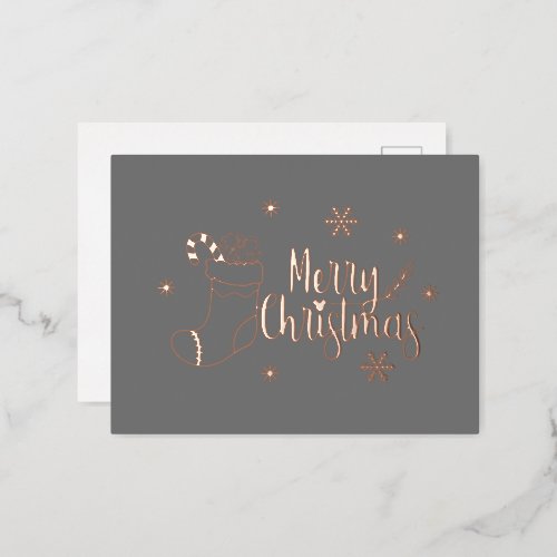 Dark Gray and Rose Gold Foil Merry Christmas Foil Holiday Postcard