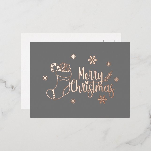 Dark Gray and Rose Gold Foil Merry Christmas Holiday Postcard (Front/Back)
