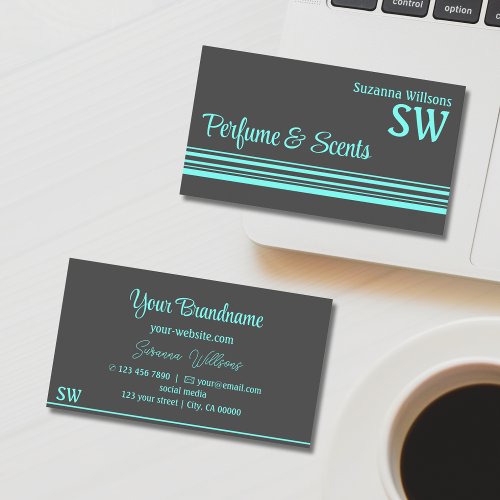 Dark Gray and Teal Stripes with Monogram Stylish Business Card
