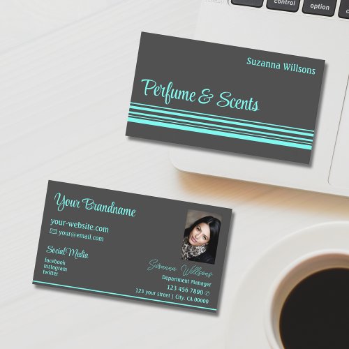 Dark Gray and Teal Stripes with Photo Professional Business Card