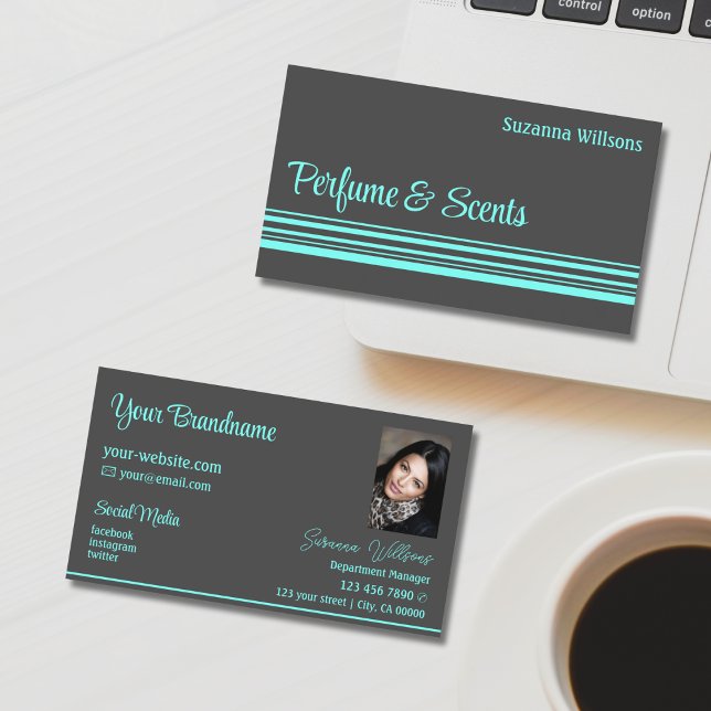 Dark Gray and Teal Stripes with Photo Professional Business Card (Creator Uploaded)