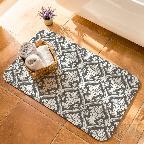 Dark Gray And White Baroque Damask Pattern Bath Mat