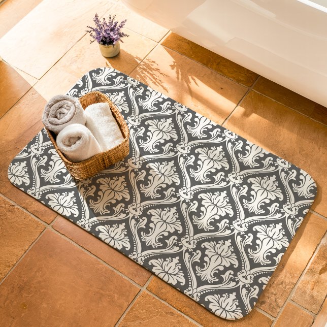 Dark Gray and White Baroque Damask Pattern Bath Mat (Creator Uploaded)