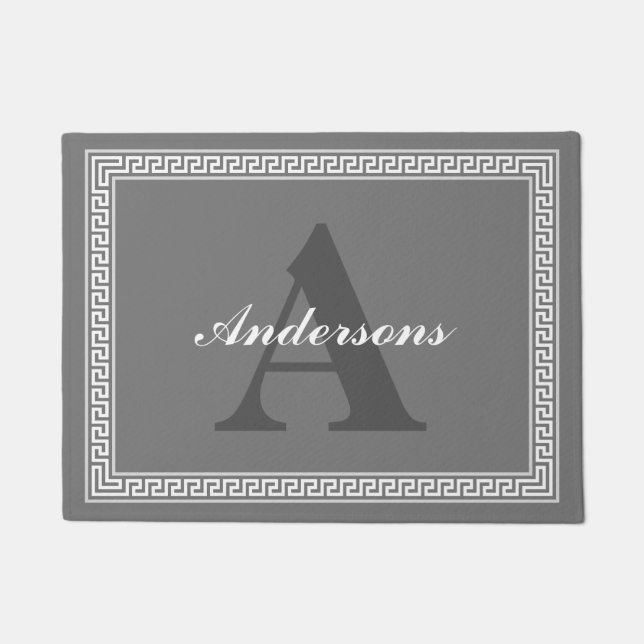 Dark Gray and White Greek Key Monogram Doormat (Front)