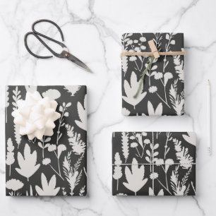 Dark Gray and White Herbs Plants Pattern Floral Wrapping Paper Sheets