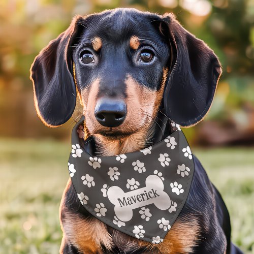 Personalized Pet Gifts 8 Dark Gray And White Paw Print Dog Bone Custom Name Pet Bandana Collar