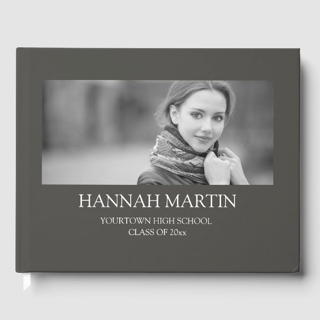 Dark Gray Any Photo Black White Graduation Guest Book (Front)