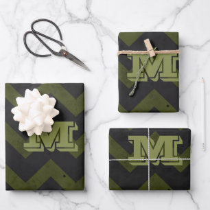 Dark gray army green vintage chevron Monogram Wrapping Paper Sheets