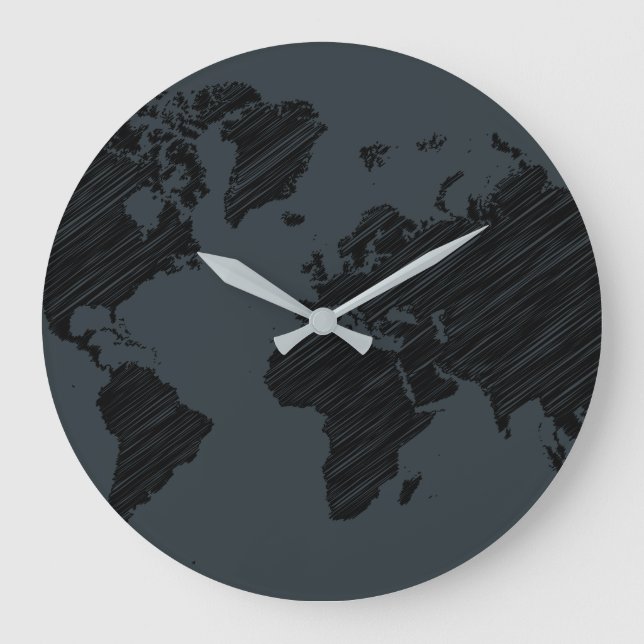 Dark Gray & Black Abstract World Map Design Large Clock (Front)