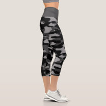 Dark Gray Black And White Camouflage Pattern Capri Leggings Dark Gray Black And White Camouflage Pattern Capri Leggings