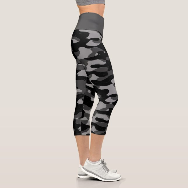 Dark Gray Black And White Camouflage Pattern Capri Leggings (Right)