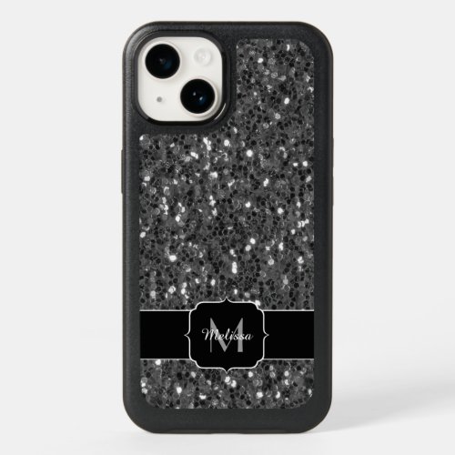 Dark gray black and white faux sparkles Monogram OtterBox iPhone 14 Case