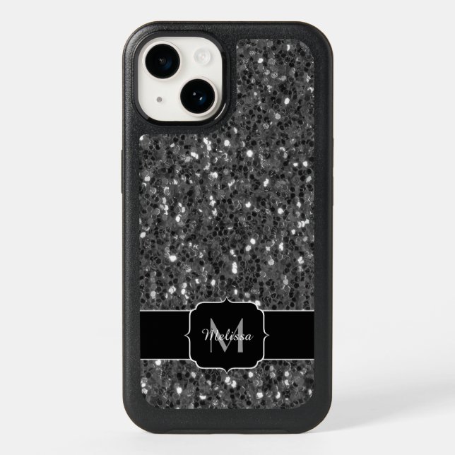Dark gray black and white faux sparkles Monogram Otterbox iPhone Case (Back)