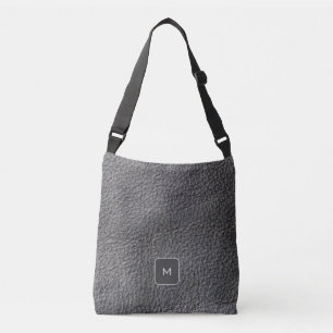 Dark gray black leather photo print monogrammed crossbody bag