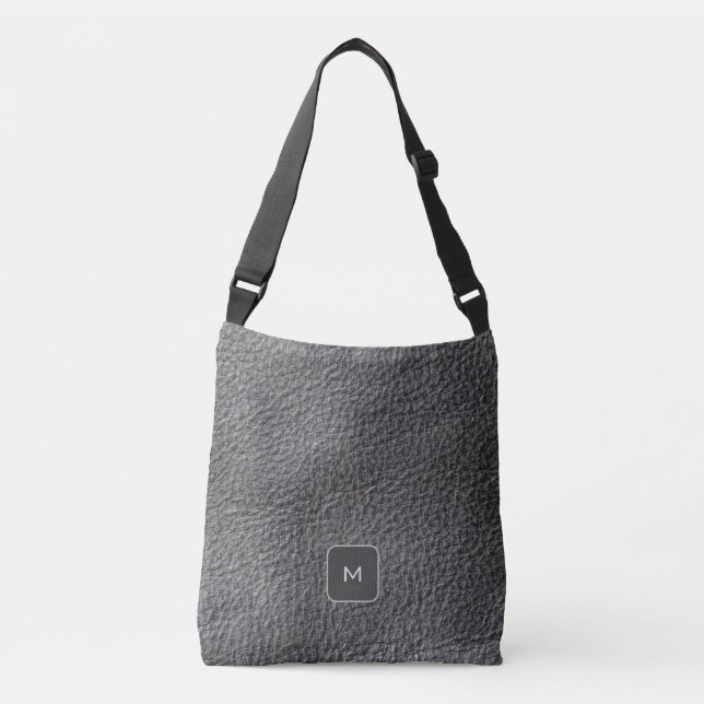 Dark gray black leather photo print monogrammed crossbody bag (Front)