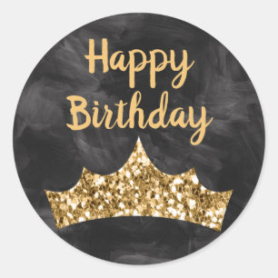 Dark Gray Black paintbrush and Gold Crown Birthday Classic Round Sticker