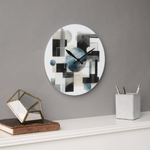 Dark Gray Blue Beige Black Abstract Art Pattern Large Clock