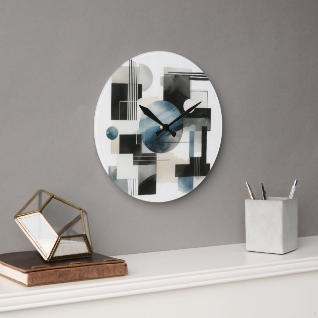 Dark Gray Blue Beige Black Abstract Art Pattern Large Clock (Office)
