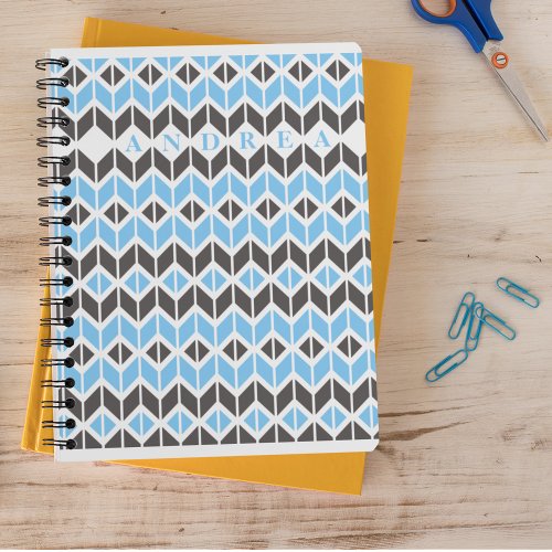 Dark Gray Blue Name Geometric Herringbone  Notebook