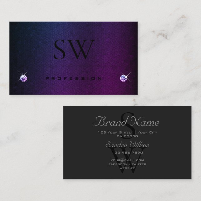 Dark Gray Blue Purple Gradient Pattern Initials Business Card (Front/Back)