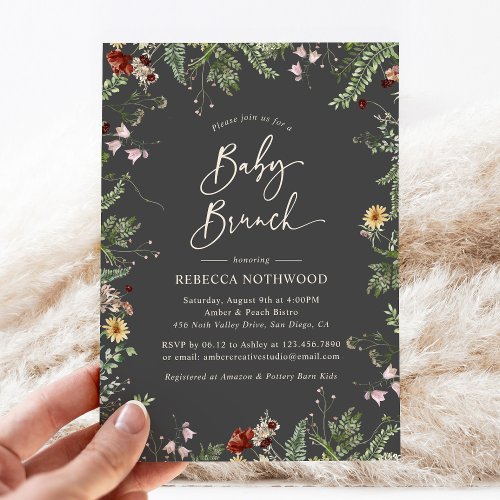 Dark Gray Boho Wildflowers Baby Brunch Invitation