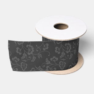 Dark Gray Botanical Floral Pattern Satin Ribbon