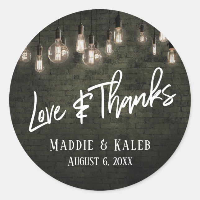 Dark Gray Bricks Edison Lights Love & Thanks Classic Round Sticker (Front)