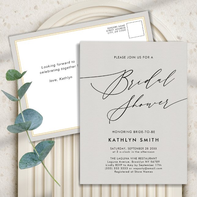 Dark Gray Bridal Shower Minimalist Elegant Script Invitation Postcard (Creator Uploaded)